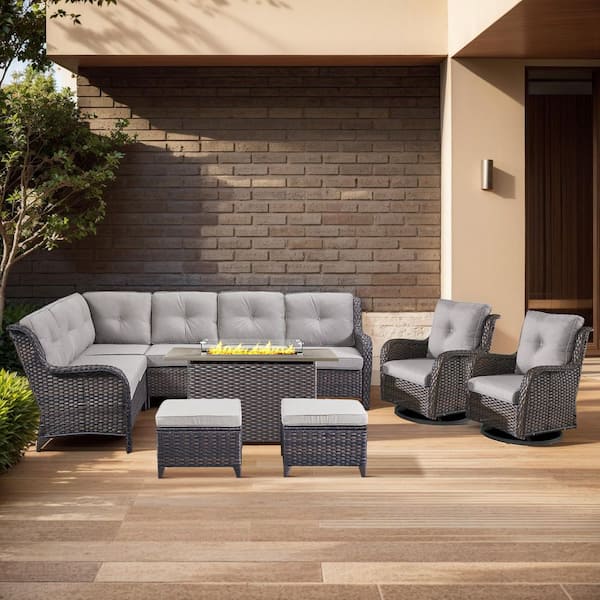 Arcline 7-Piece Brown Wicker Fire Pit Conversation Set with Olefin Beige Cushions L-Shaped Sofa/Patio Swivel Chairs