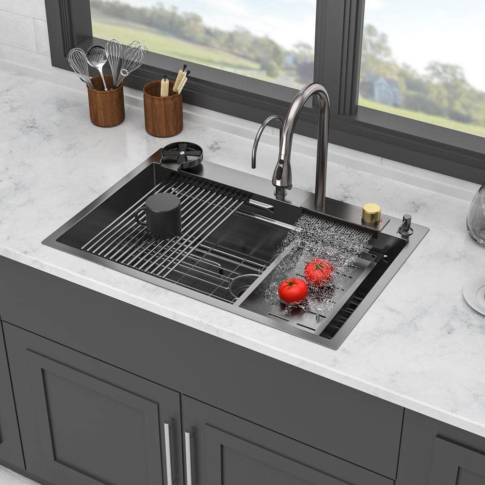 33 in. Drop-In Single Bowl 16-Gauge Gunmetal Black Stainless Steel Kitchen 
