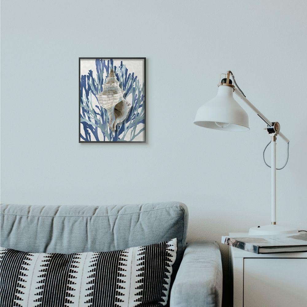 Coral Blue Shell Design Coastal Canvas Print in Ebony Frame