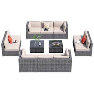 Messi Gray 12-Piece Wicker Outdoor Patio Conversation Sectional Sofa Set with Beige Cushions