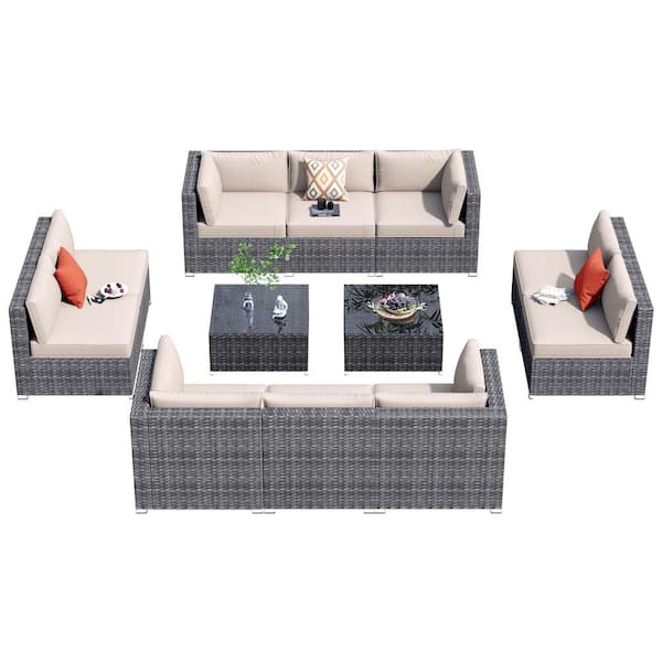 Hooowooo Messi Gray 12 Piece Wicker Outdoor Patio Conversation Sectional Sofa Set With Beige 7264