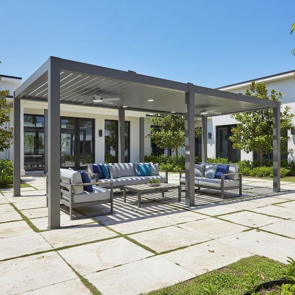 10 ft. x 25 ft. Dark Gray Aluminum Patio Pergola with Built-In Solar Panel, Ceiling Fan and Round LED Light