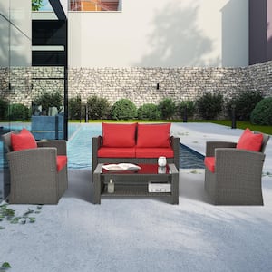 4-Piece Brown PE Wicker Outdoor Patio Conversation  Furniture Set with Tempered Glass Table and 4 Red Cushions
