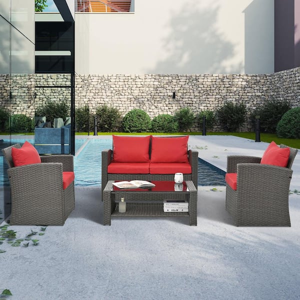 Tunearary 4-Piece Brown PE Wicker Outdoor Patio Conversation Furniture Set with Tempered Glass Table and 4 Red Cushions