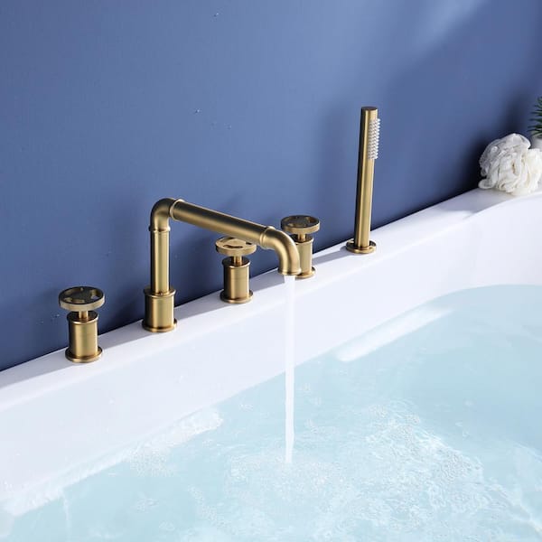 3-Handle Deck-Mount Roman Tub Faucet with Hand Shower in Brushed Gold