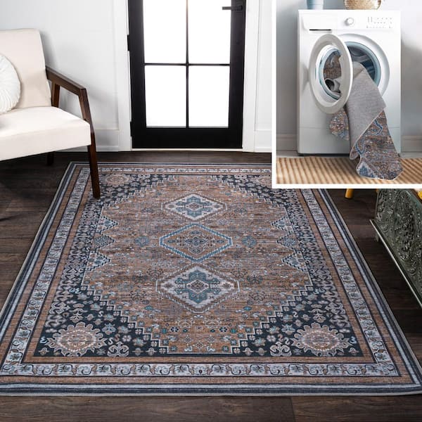 JONATHAN Y Dalyan Geometric Medallions Machine-Washable Brown/Blue/Gray 3 ft. x 5 ft. Area Rug