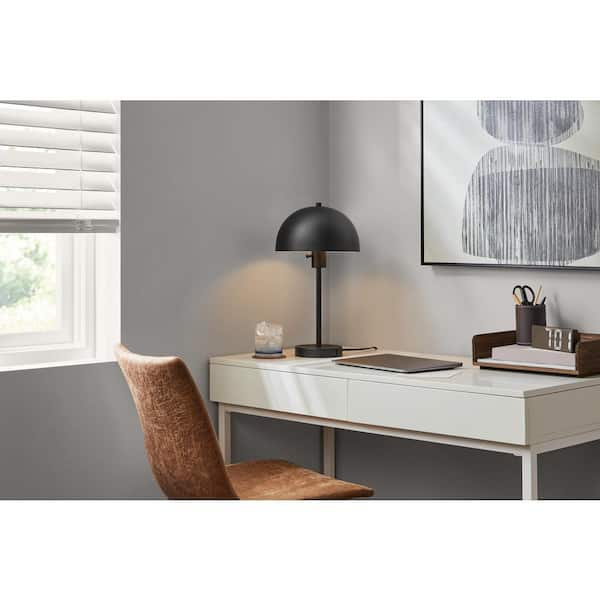 Hampton Bay Corbin 17.5 in. Black Modern Table Lamp with Black Metal Shade and AC Outlet on Base