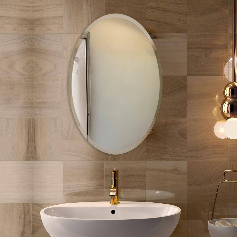 Elegant Oval 22" x 39" Frameless Polished Wall Mirror with Beveled Edge