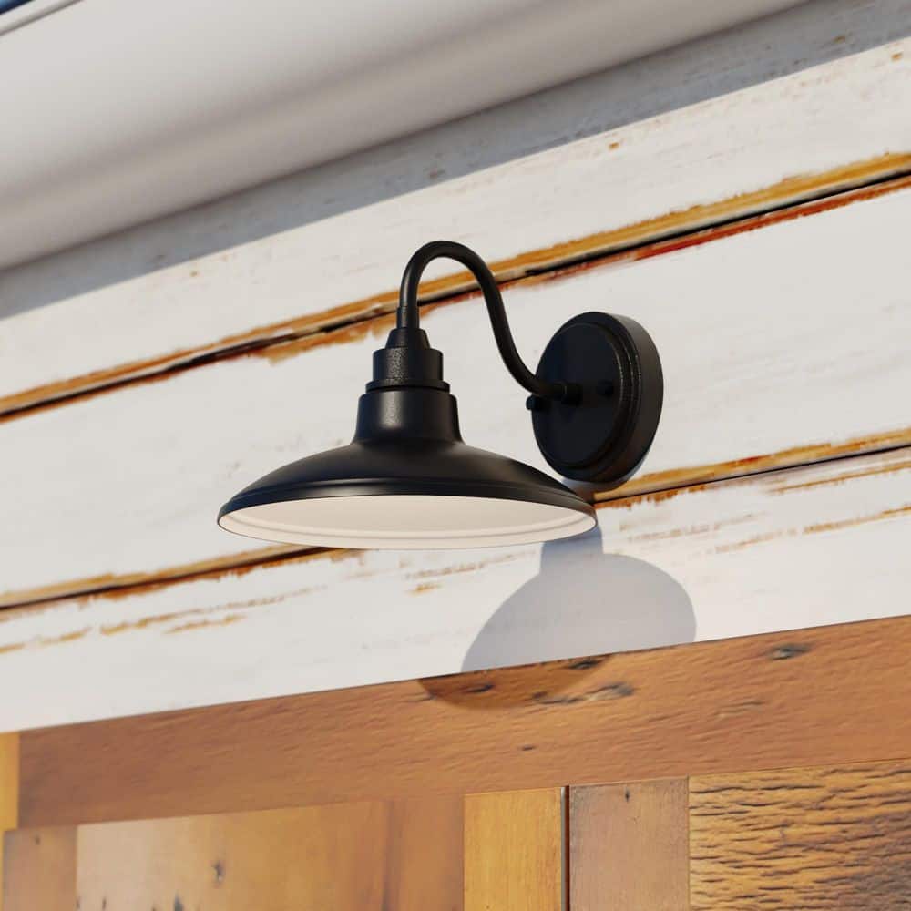 Tucson 1-Light Black and White Outdoor Integrated LED Farmhouse Barn Wall Lantern Metal Shade price history on PriceWatchPro