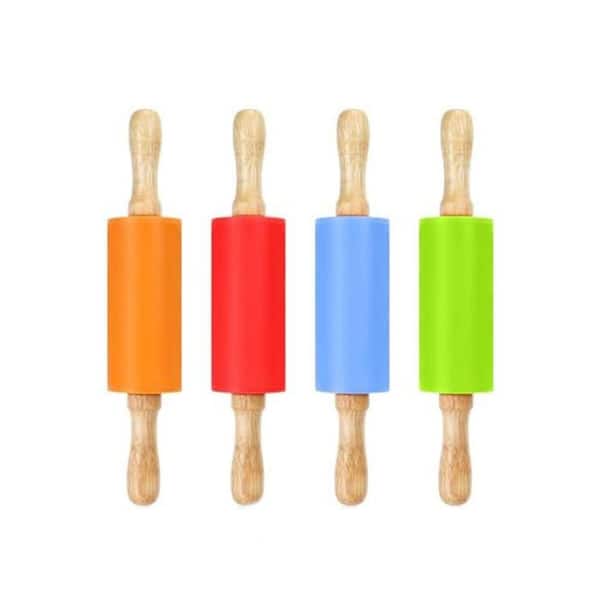 9 Inch Silicone Non-Stick Kids Mini Rolling Pin Wooden Handle Assorted Colors for Baking with Easy Clean 4-Pack