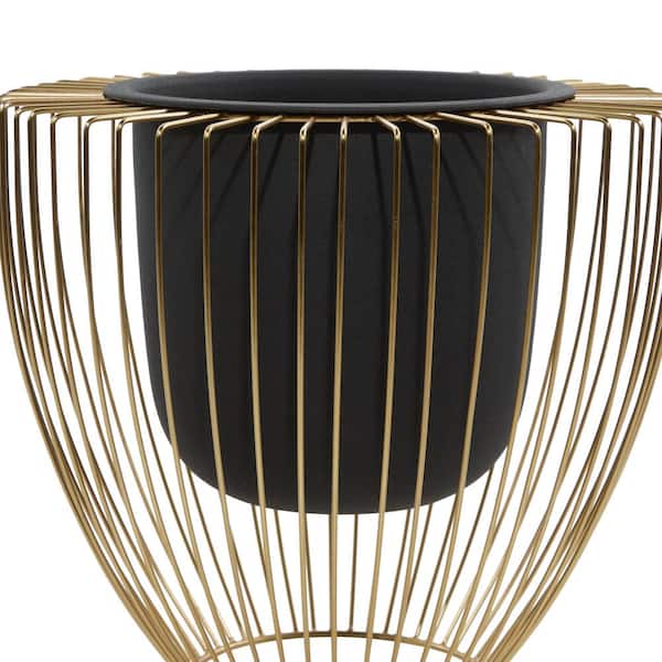 12 in., and 10 in. Medium Black Metal Indoor Outdoor Planter with Removable Gold Wire Stand (2- Pack)