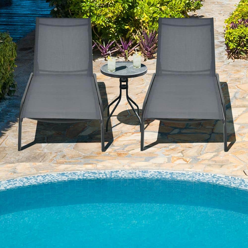 Gray Steel Adjustable Outdoor Chaise Lounge with Wheels