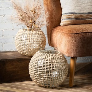 12.5 in. and 9.25 in. Brown and Clear Woven Rattan And Glass Vases - (Set of 2)
