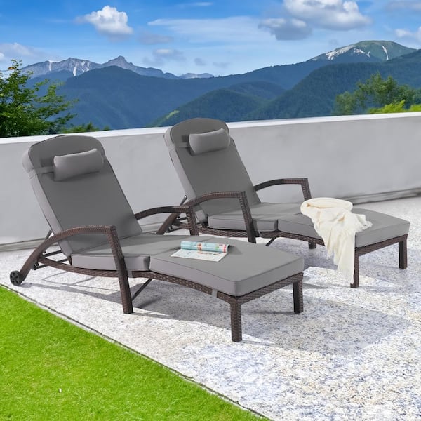 SANSTAR 2-Piece Patio Outdoor Wicker Cushioned Lounge, with Height Adjustable Backrest and Wheels, Light Gray Cushion