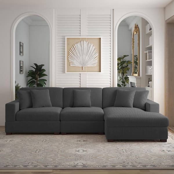 118 in. Square Arm 3-Piece Corduroy Upholstered L-Shaped Sectional Sofa in Gray