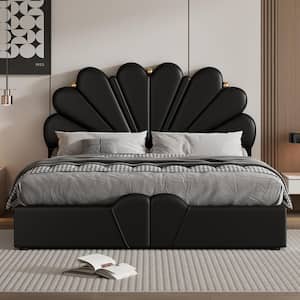 Black Wood Frame Queen Upholstered Petal Shaped Platform Bed with Hydraulic Storage System and Metal balls Decorations