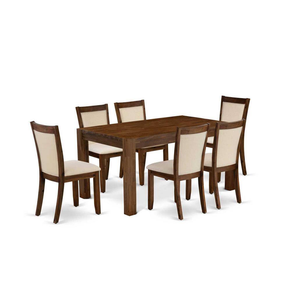 Antique Walnut Rectangular Dining Table with 6 Beige Linen Chairs