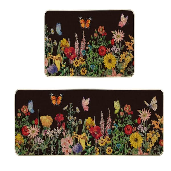 Black Flowers Butterfly Spring Kitchen Mats Set of 2,17x29 and 17x47 Inch
