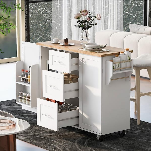 ARTCHIRLY White Rubber Wood Top 51.4 in. Kitchen Island with 3-Drawer ...