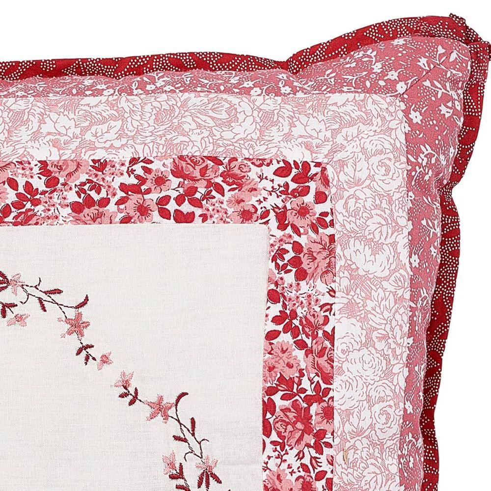 Caroline Red and White Embroidered Floral Square Pillow