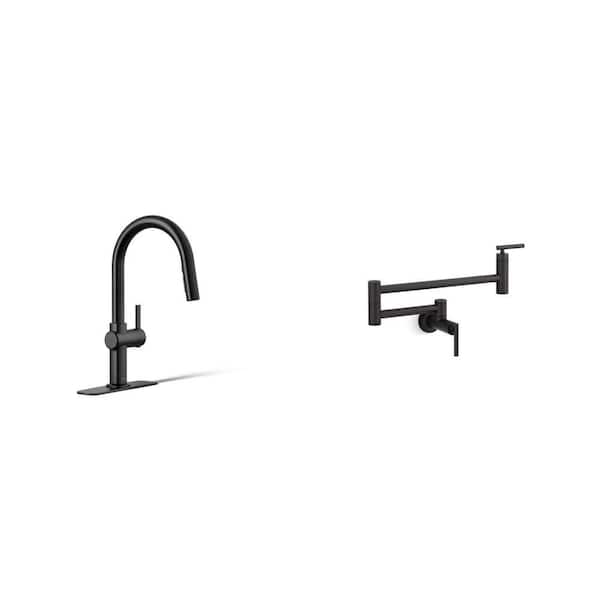 Matte Black Pull Down Sprayer Kitchen Faucet and Wall Mount Pot Filler Combo