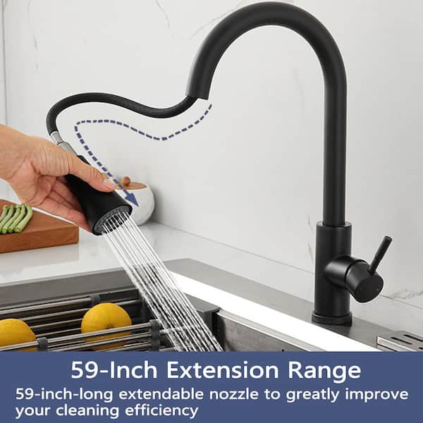 15.67 in. Single Handle 360° Spout Swivel Pull Out Sprayer Kitchen Faucet in Matte Black
