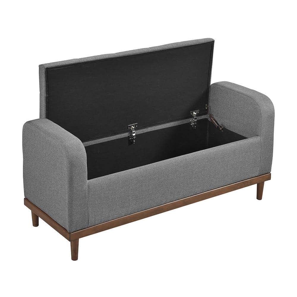Gray Fabric Lift Top Storage Bench with Walnut Wood Frame