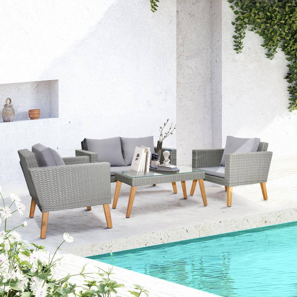 Gray 4-Piece Steel and Resin Rattan Patio Set