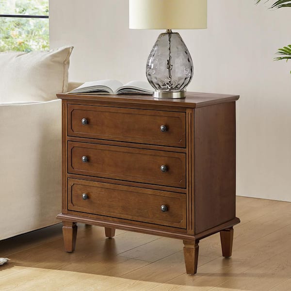 Leandro Walnut 3 Drawer 28.3 in. W Nightstand with Built-in Outlet and Solid Wood Legs