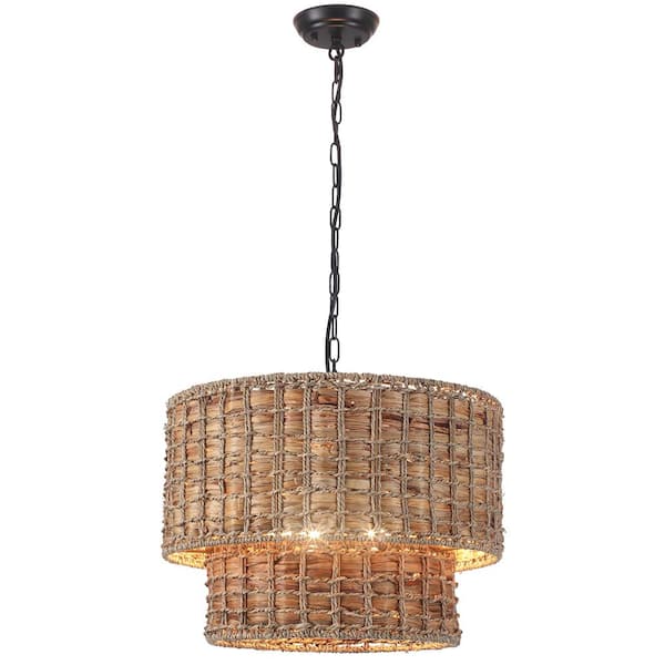 5 - Light 2-Tier Black Drum Rattan Dimmable Chandelier Light for Kitchen Island,Dining Room with No Bulbs Included