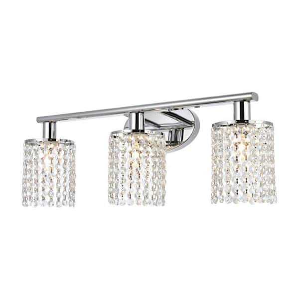 YANSUN 20.87 in. 3-Light Chrome Vanity Wall Lamp with Crystal Shade