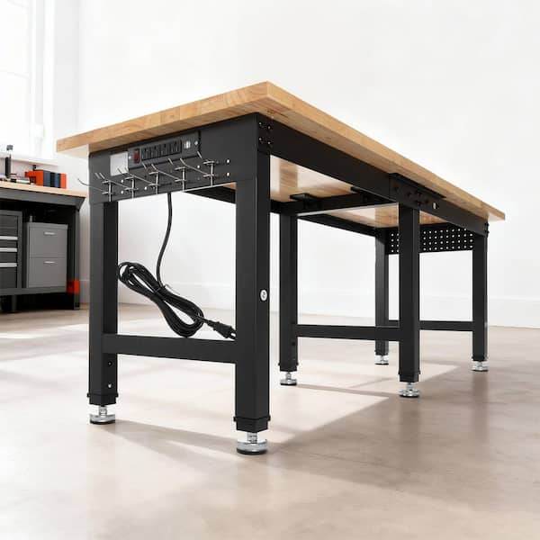 Adjustable Workbench, 5000 lbs. Capacity, 96 x 24 in. Oak Wood Top Workstation with 4-AC Outlets and 2-USB Ports