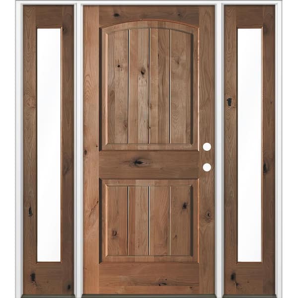 60 in. x 80 in. Knotty Alder Arch Top Left-Hand/Inswing Clear Glass BEHR True Black Stain Wood Prehung Front Door w DFSL