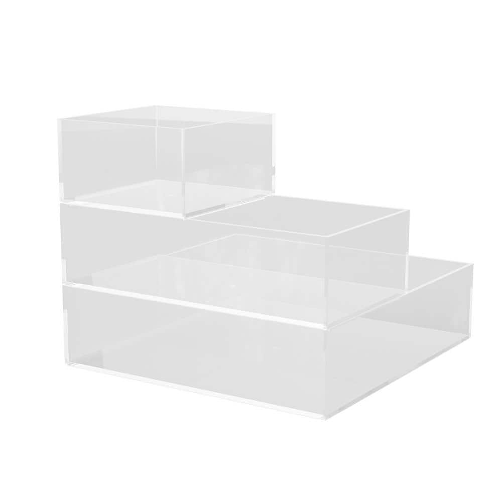 Clear and White Stackable Plastic Storage Bins with Wood Lids, 3-Pack