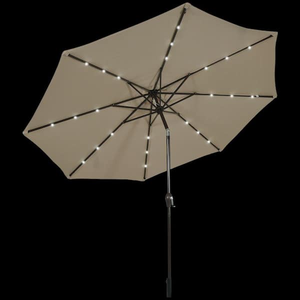WELLFOR 10 ft. Iron Market Solar Tilt Patio Umbrella in Tan with LED Lights