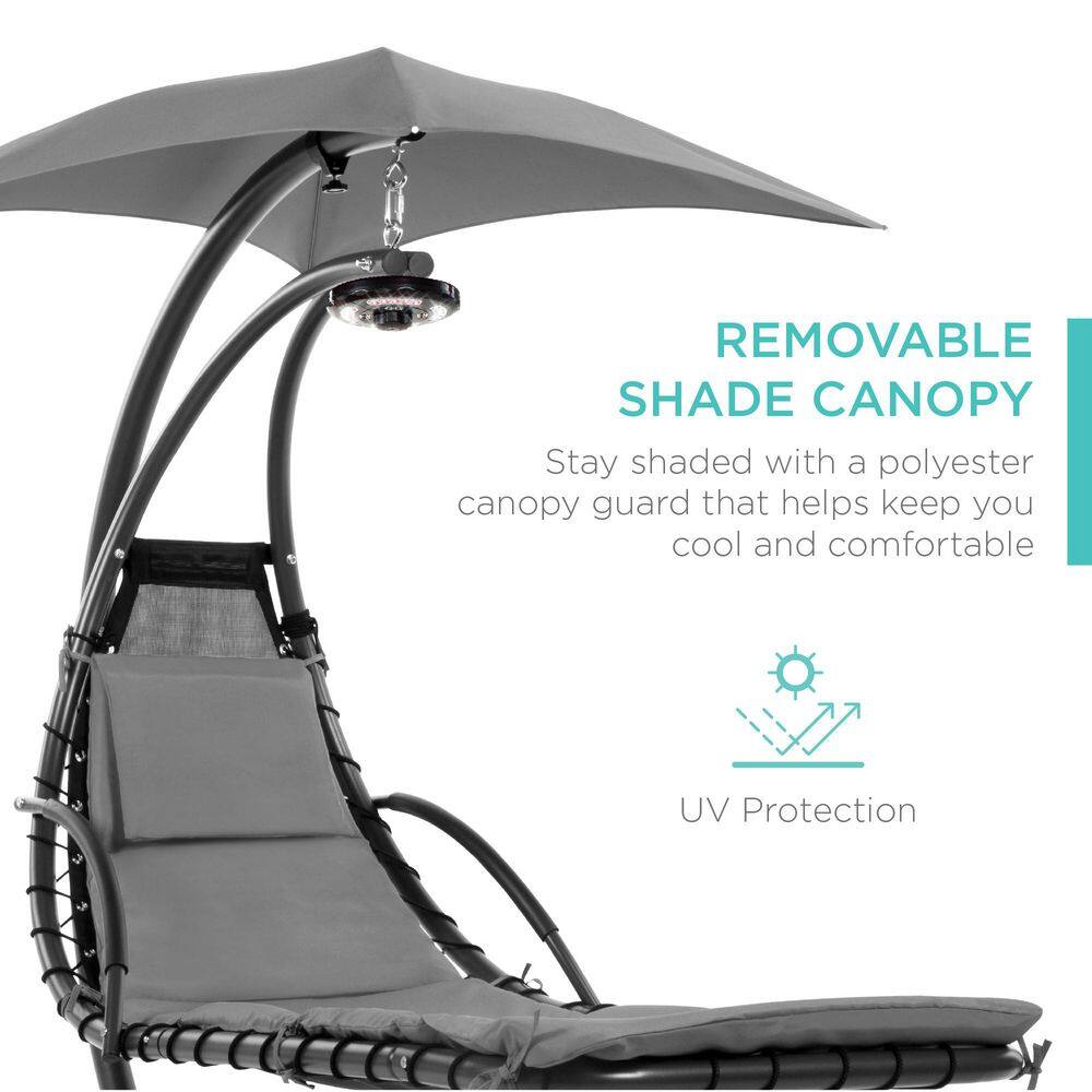 Gray Hanging LED-Lit Curved Chaise Lounge Chair with Canopy