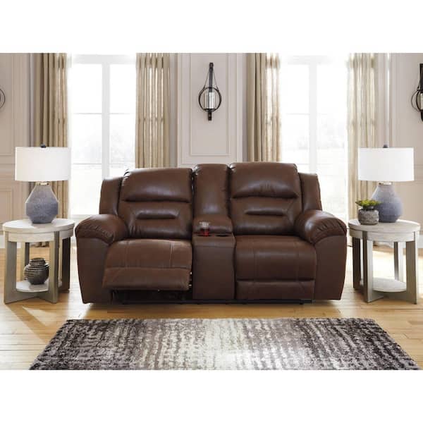 Stoneland 82 in. Solid Faux Leather 2-Seater Reclining Loveseat with Cup Holders and Console in Brown