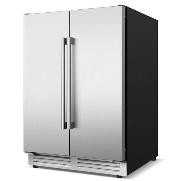 23.4 in. Dual Zone 210-Cans Beverage Cooler Interior Blue LEDs with 4-Door Handles Built-in Beer Fridge in Silver