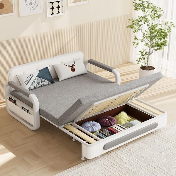 62.2 in. Removable and Washable Gray Cotton-Linen Fabric, with Storage Function, Comes with 2-Throw Pillows