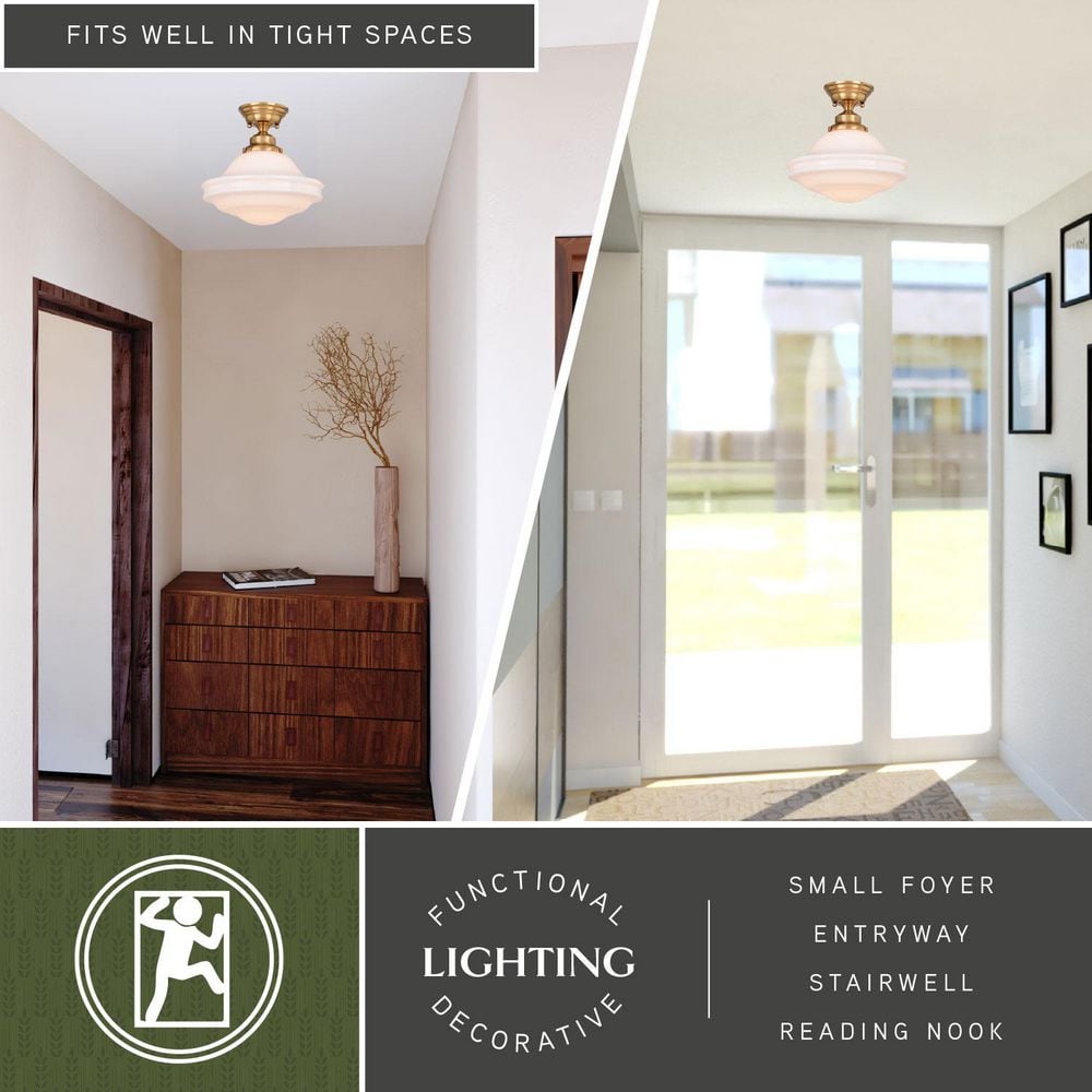 Huntley 12" Natural Brass and White Glass Semi-Flush Ceiling Light