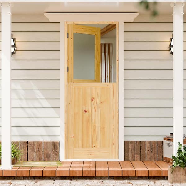 32 in. x 80 in. 1/2 Lite Frosted Glass Dutch Door Left-Hand Pine Wood Single Front Door Kit with Quick Assemble Jamb