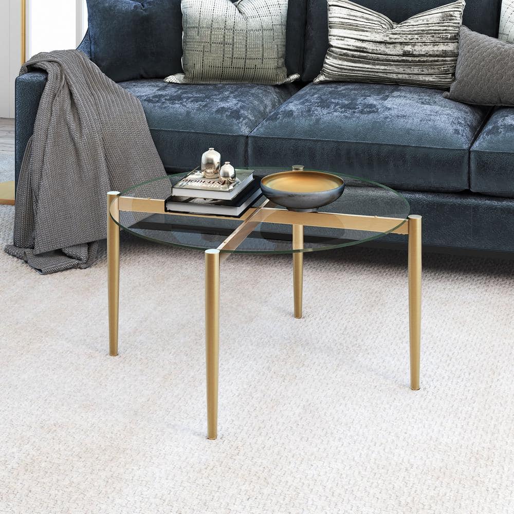 Elegant Mid-Century Modern Round Coffee Table with Tempered Glass Top, Brass Finish
