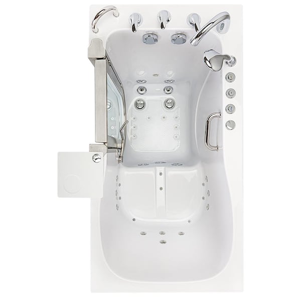 Deluxe 55 in. Acrylic Walk-In Whirlpool and Air Bath Bathtub in White, Thermostatic Faucet Set, LHS 2 in. Dual Drain Deluxe 55 in. Acrylic Walk-In Whirlpool and Air Bath Bathtub in White, Thermostatic Faucet Set, LHS 2 in. Dual Drain