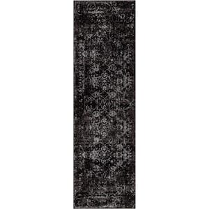 Zazzle Thiva Vintage Oriental Black 2 ft. 3 in. x 7 ft. 3 in. Floral Pattern Runner Rug