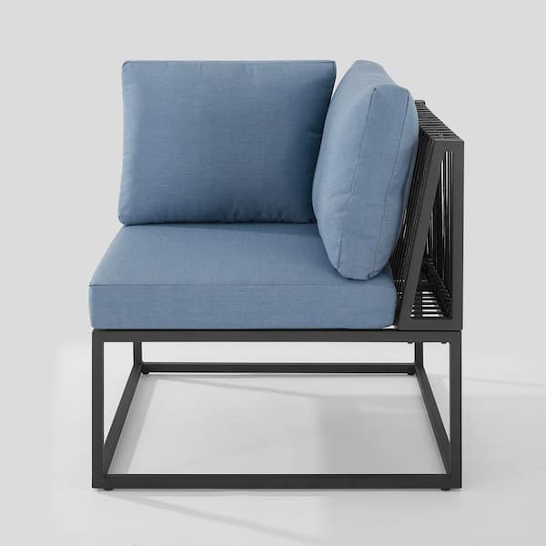 Walker Edison Furniture Company Metal Corner Modern Modular Outdoor Patio Sectional Chair with Blue Cushions