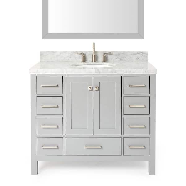 ARIEL Cambridge 43 in. W x 22 in. D x 36 in. H Bath Vanity in Grey with Carrara White Marble Top and Mirror