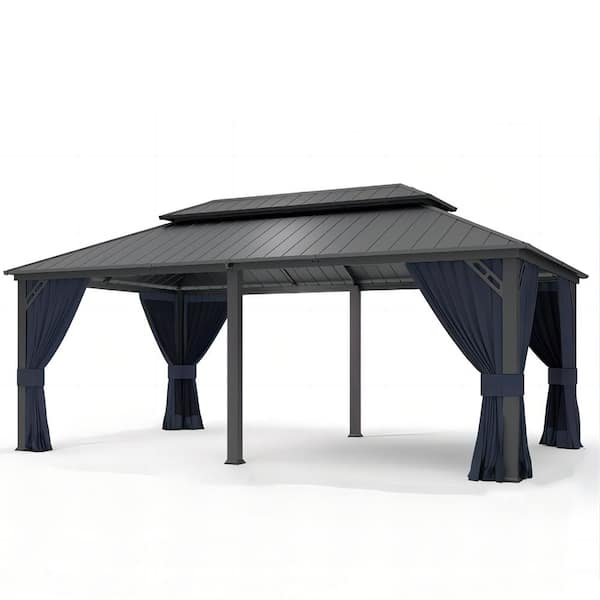 Halmuz 12 ft. x 20 ft. Gray Hardtop Gazebo with Curtain Dark Blue