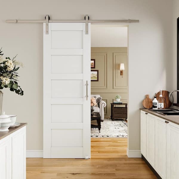 ARK DESIGN 28 in. x 80 in. White Primed 5 Lite Pattern Paneled MDF Sliding Barn Door with Hardware Kit Nickel Plated