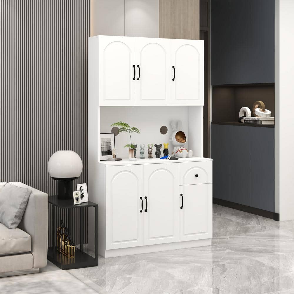White Wood 39.76 in. Pantry Cabinet with Microwave Oven Countertop