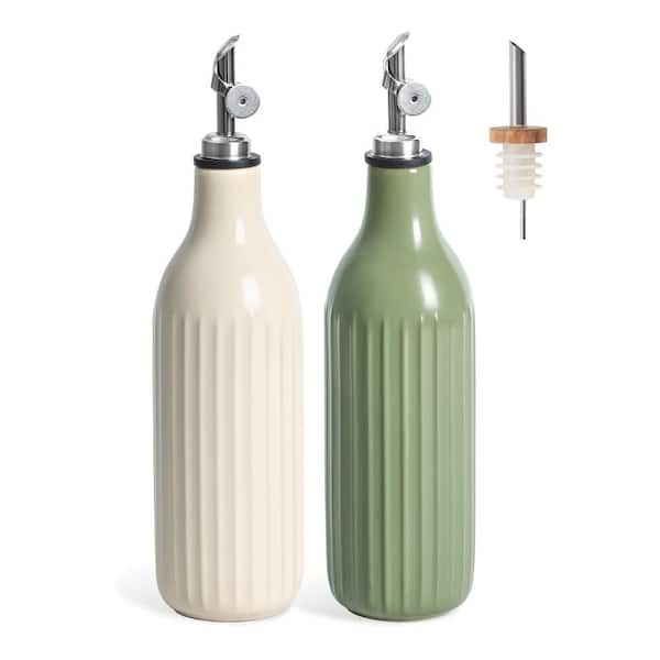 19 oz. White and Green Ceramic Oil and Vinegar Dispenser Bottle Set of 2 with 3 Pour Spouts